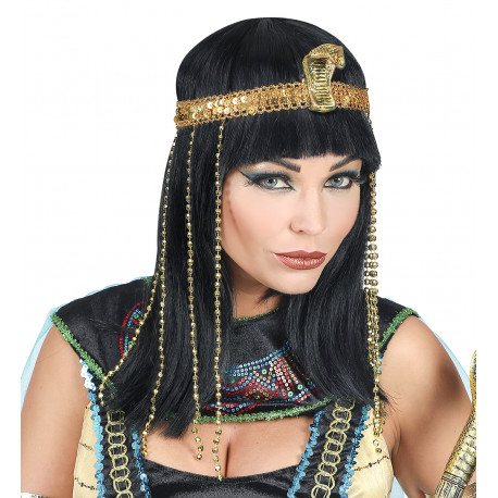 Peluca de Faraona Egipcia Morena con Cinta Dorada