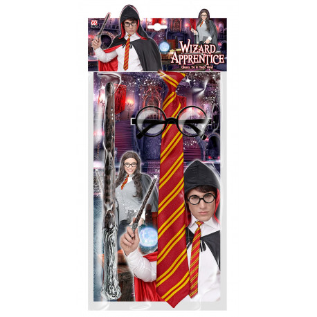 Gafas Mago Pack Completo 1 Disfraz de Mago Escolar,Gafas Negro de Marco,Varita mágica y Corbata para Adultos y Niños 