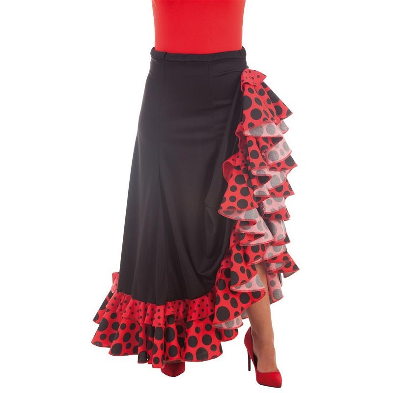 Falda flamenca negra con 2 volantes rojos y con flor bordada roja en la  cadera - FN-FLOR-BROJ