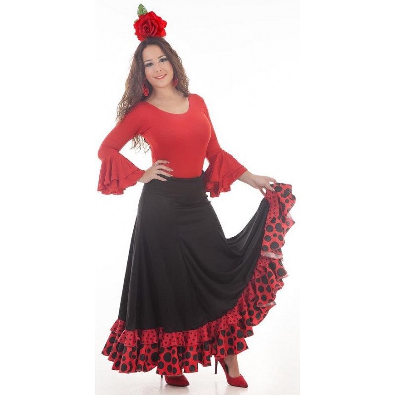 Falda flamenca negra con 2 volantes rojos y con flor bordada roja
