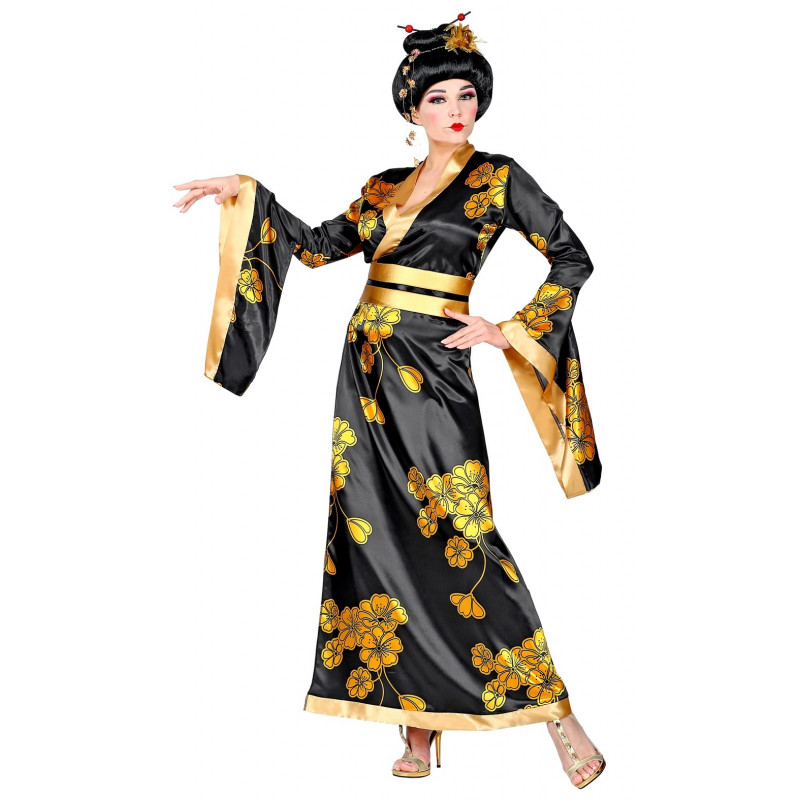  Disfraz de Geisha Negra con Flores para Mujer