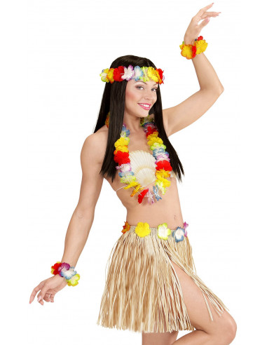 Kit Hawaiano con Falda, Collar, Pulseras y Corona