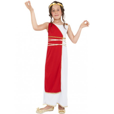 Disfraz de Romana con Toga Roja Niña