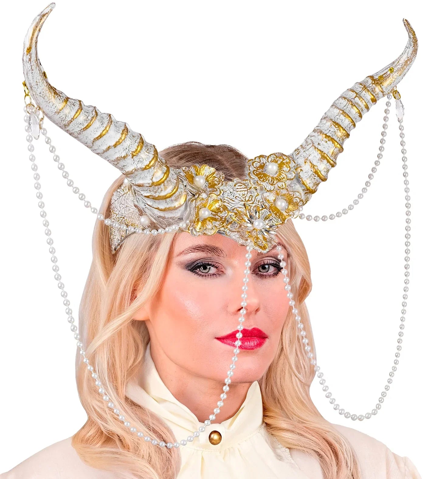 Tocado con Cuernos Blancos Decorado con Perlas Cuernos de Diablo y Demonio Widmann