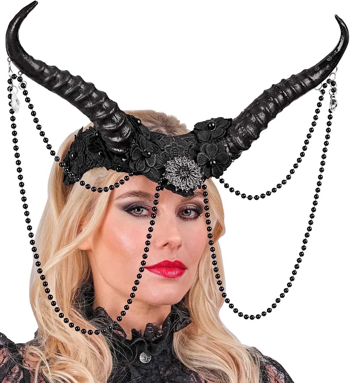 Tocado con Cuernos Negros Decorado con Perlas Cuernos de Diablo y Demonio Widmann
