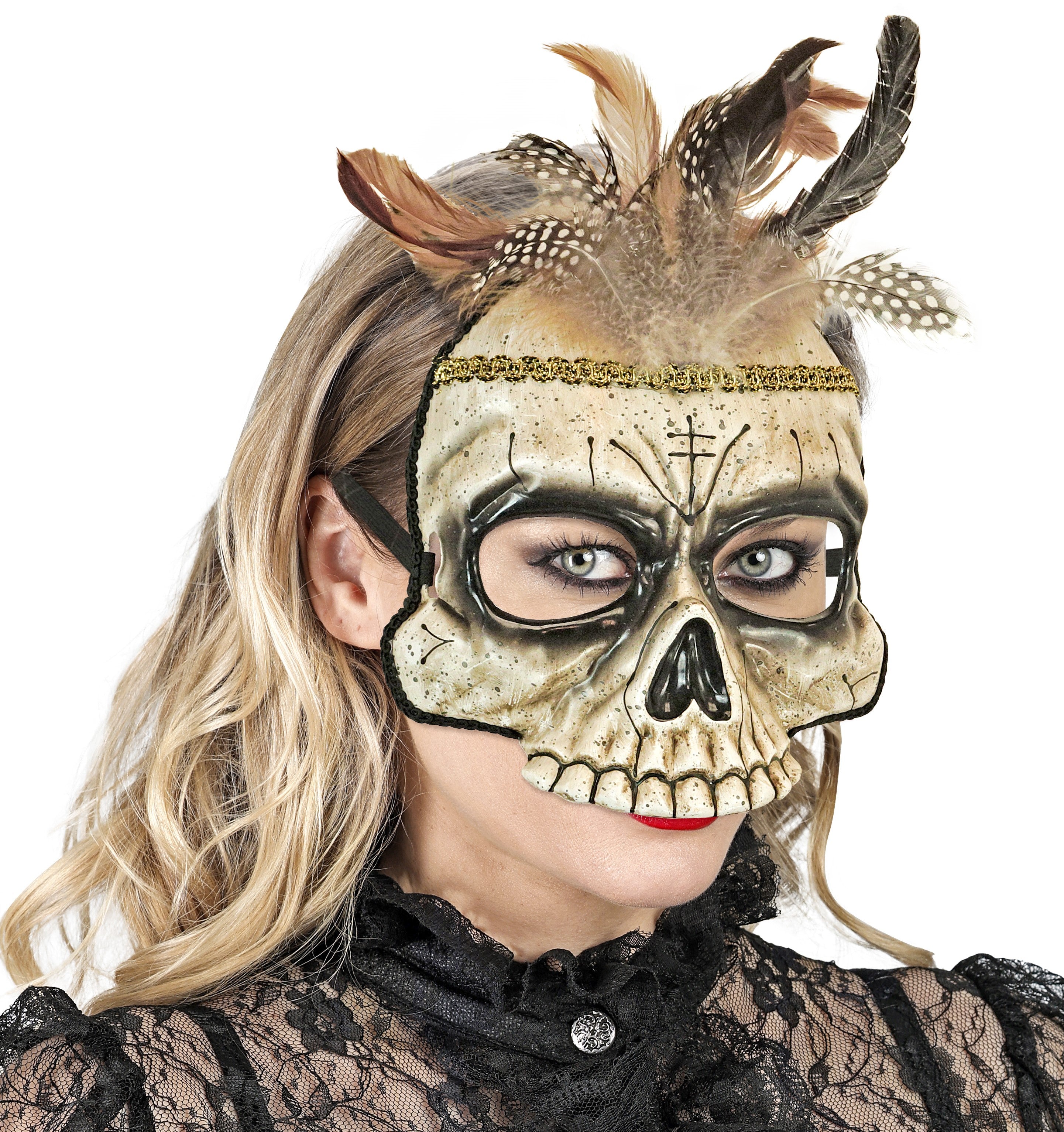 Máscara de Calavera de Chamán Vudú con Plumas Máscaras Halloween Widmann
