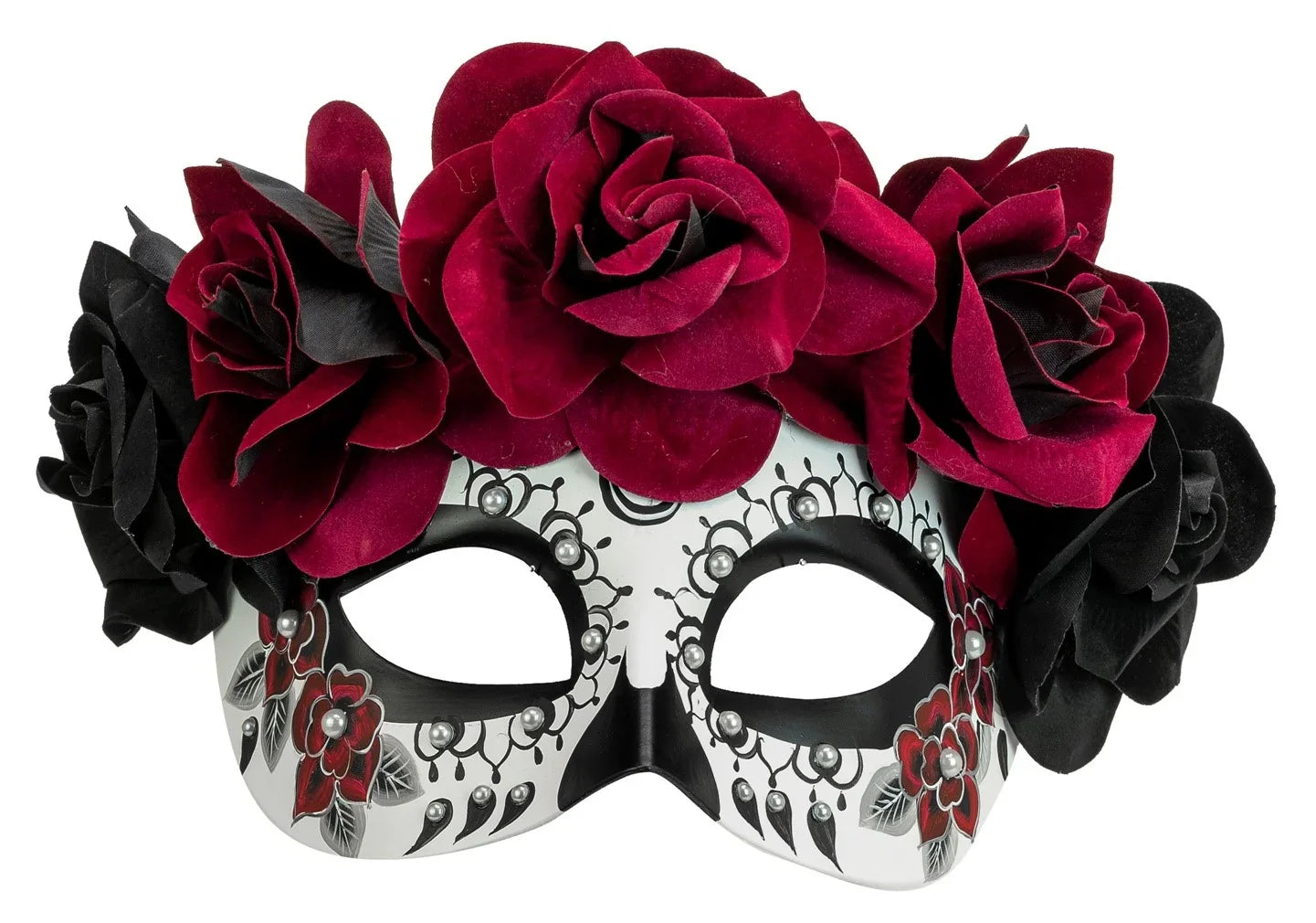 Antifaz de Catrina con Rosas Negras y Rojo Burdeos Catrina Widmann