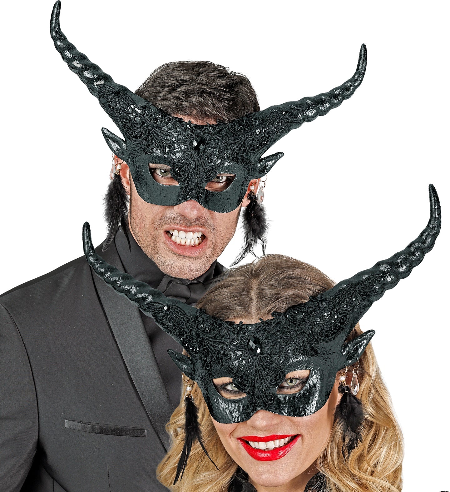 Antifaz de Diablo Negro con Cuernos y Pedrería Máscaras Halloween Widmann