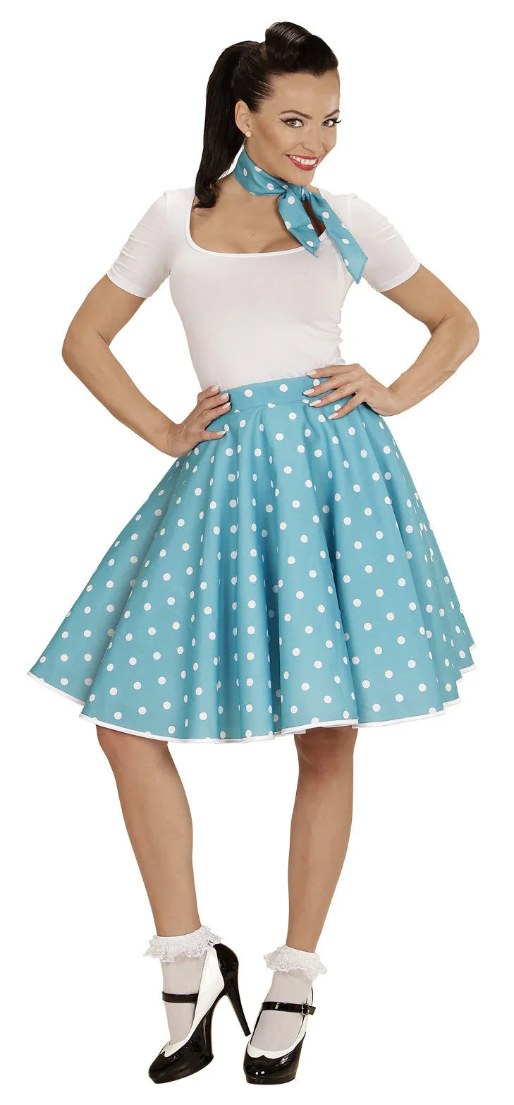 Falda de Lunares con Pañuelo Turquesa Grease y Años 40 - 50 Widmann