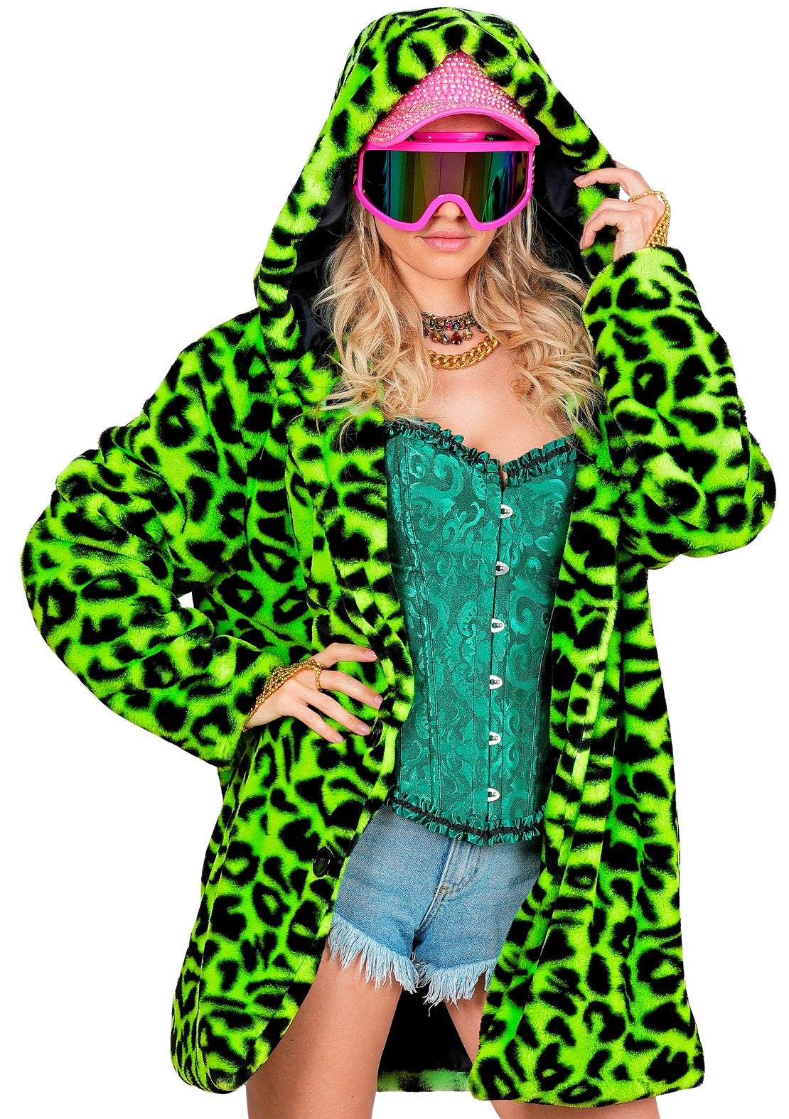 Chaqueta de Peluche de Leopardo Verde Neón para Adulto