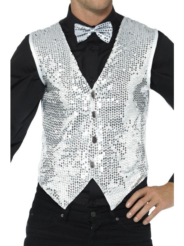 Chaleco Blanco de Lentejuelas Plateadas Chaquetas, Chalecos y Camisas Smiffys