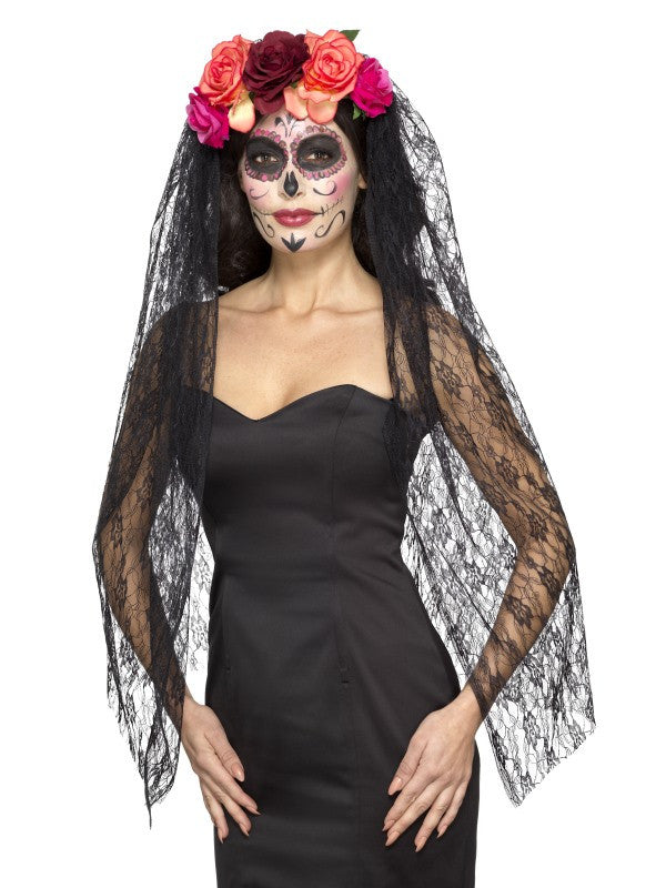Diadema de Catrina con Flores y Velo Catrina Smiffys