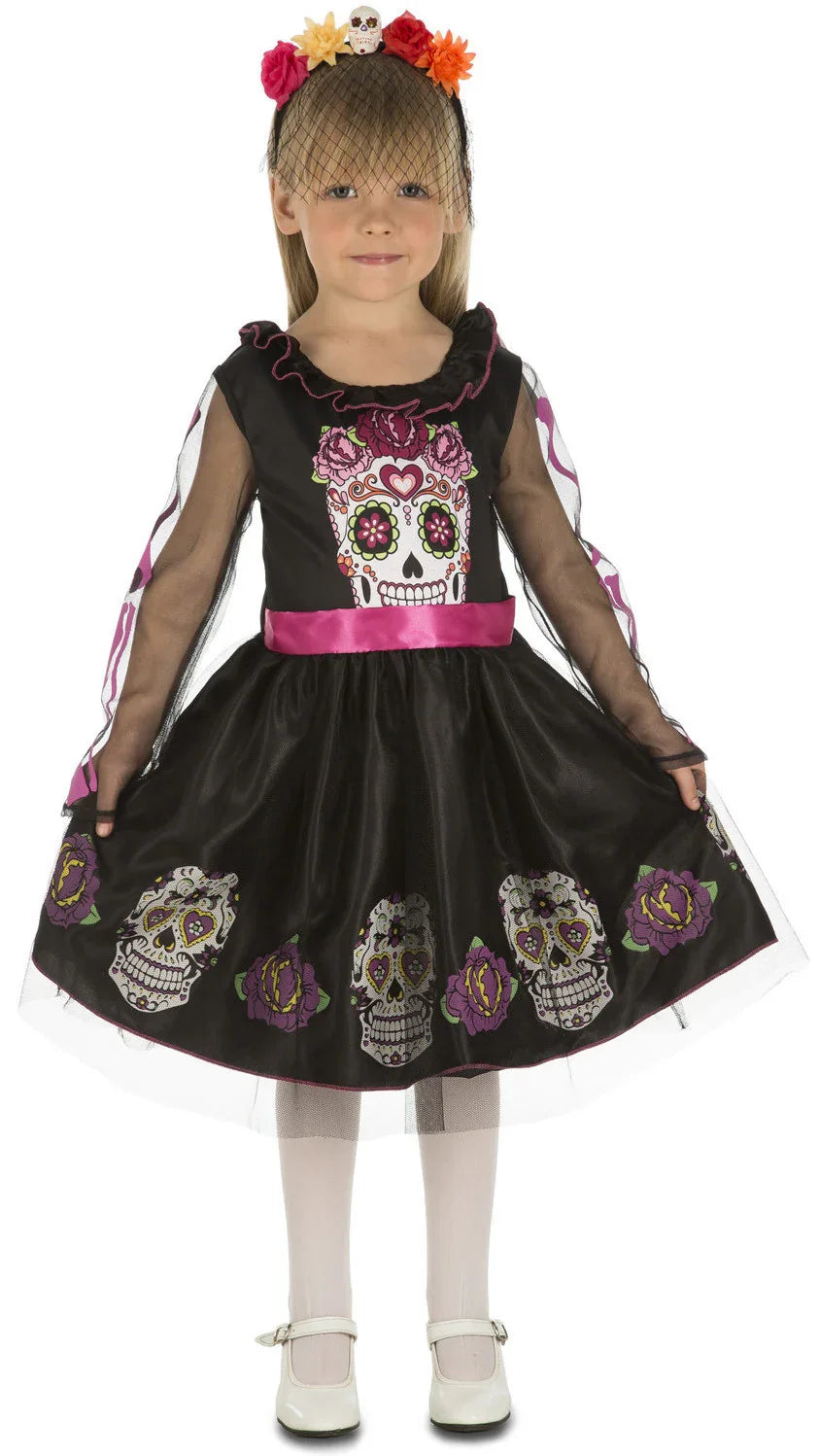 Disfraz de Catrina Negro y Rosa para Niña Catrina Viving