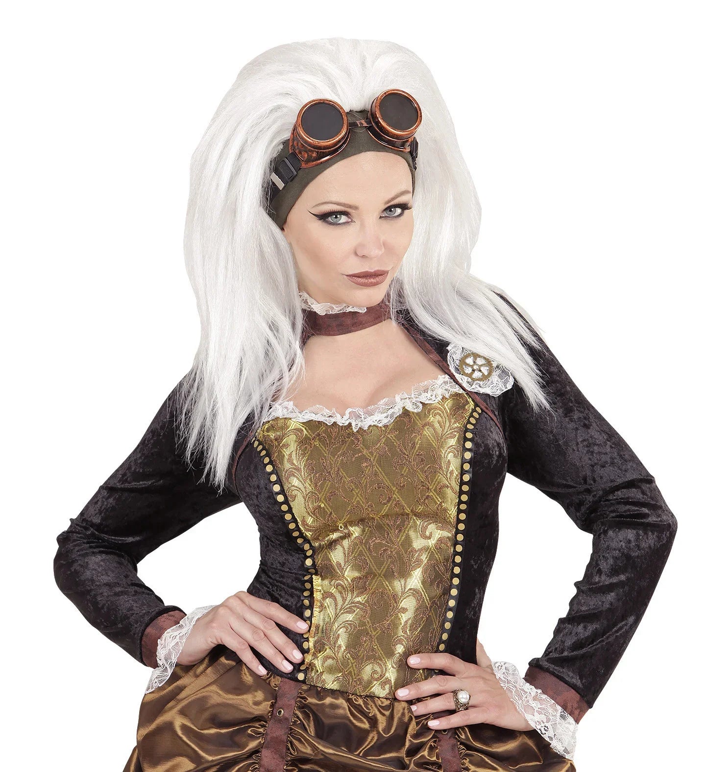 Peluca Steampunk Blanca con Gafas Steampunk Widmann