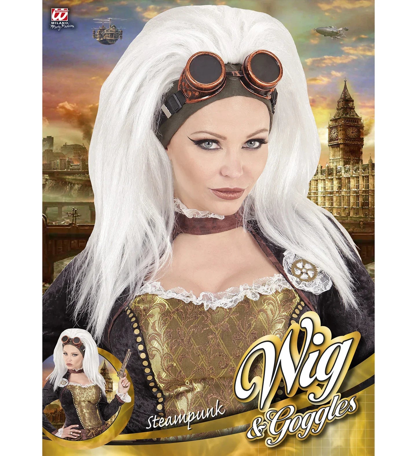 Peluca Steampunk Blanca con Gafas Steampunk Widmann