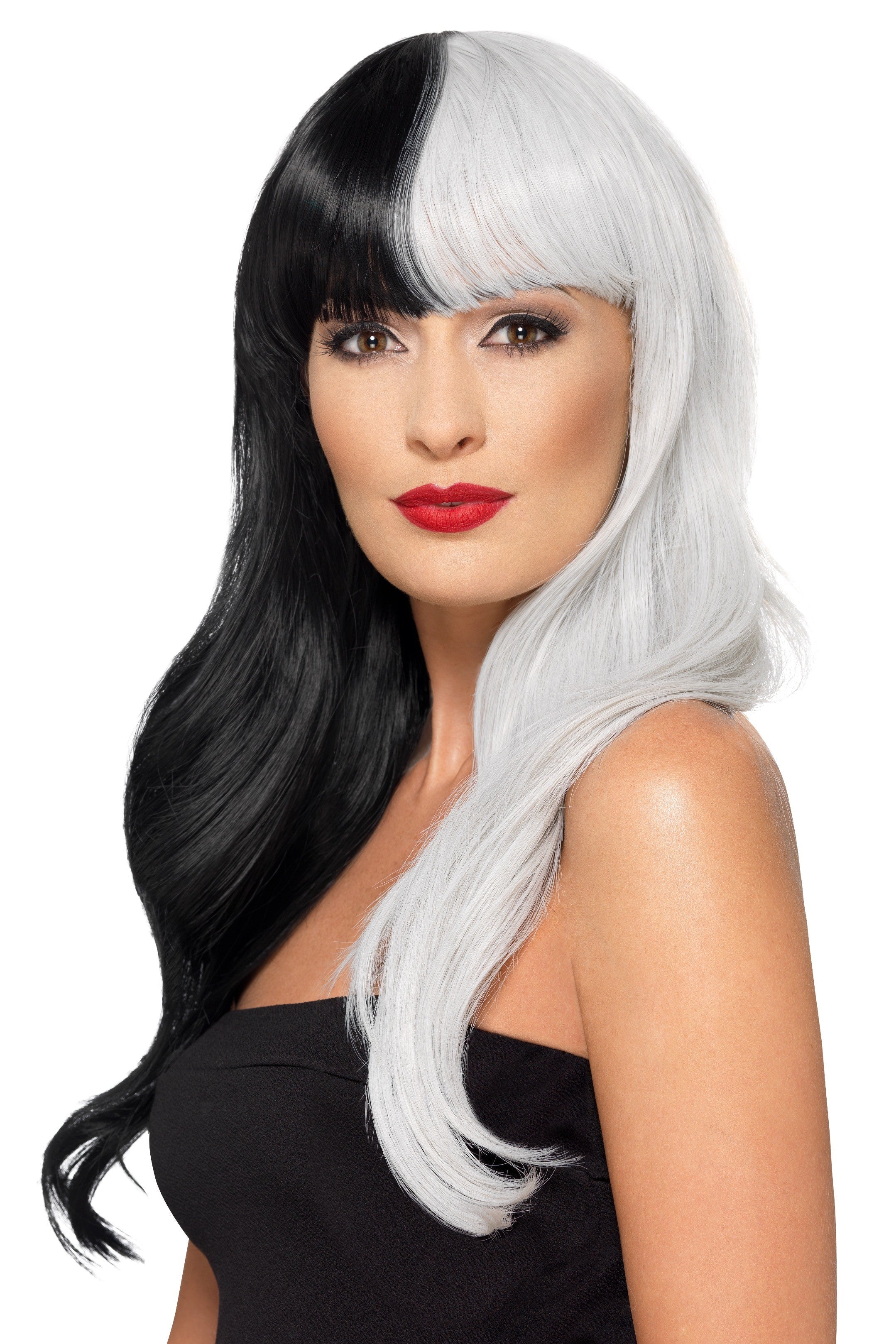 Peluca de Cruella de Vil Blanca y Negra Larga Lisa 101 Dálmatas Smiffys