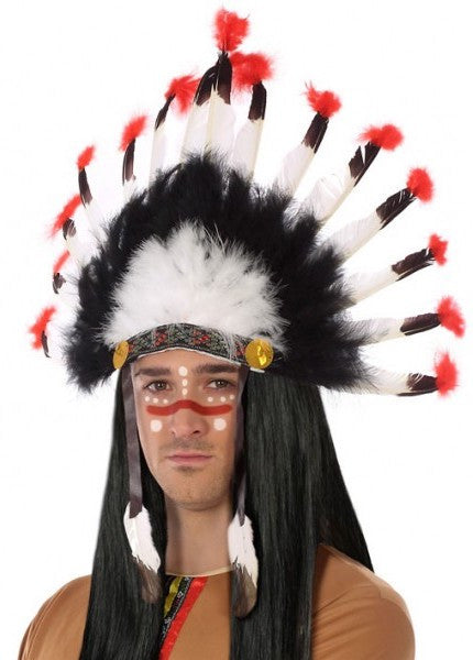 Penacho Indio con Plumas Blancas, Rojas y Negras Complementos Indios Atosa
