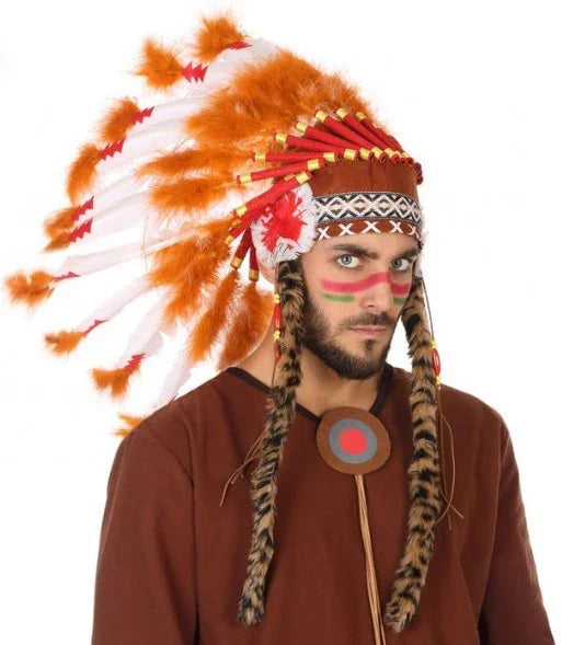Penacho Indio Largo Naranja y Blanco Complementos Indios Atosa