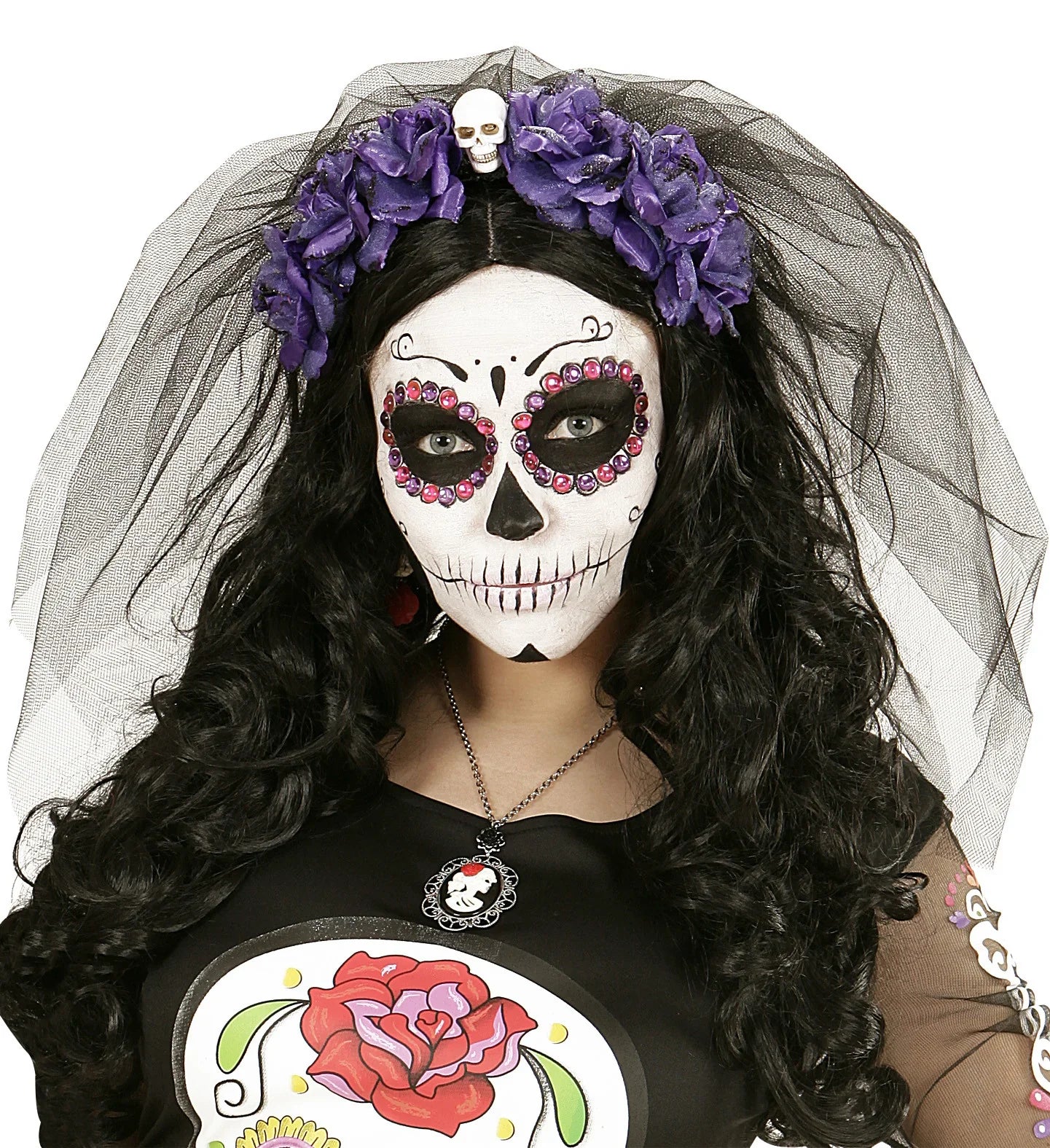 Diadema de Catrina con Rosas Moradas Accesorios Halloween Widmann