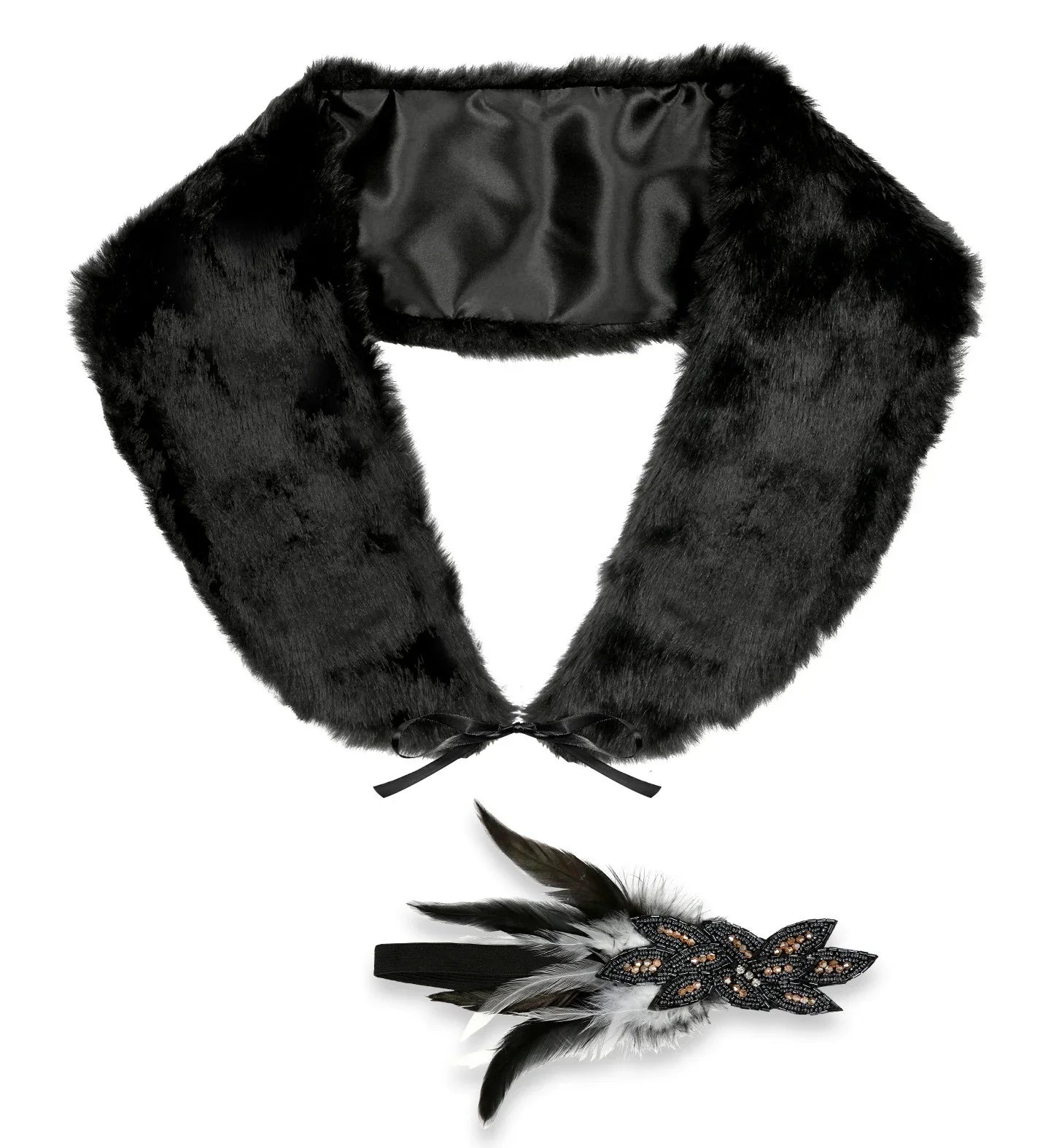 Estola Negra de Piel y Tocado con Broche y Pluma Complementos Charlestón y Gangster Widmann