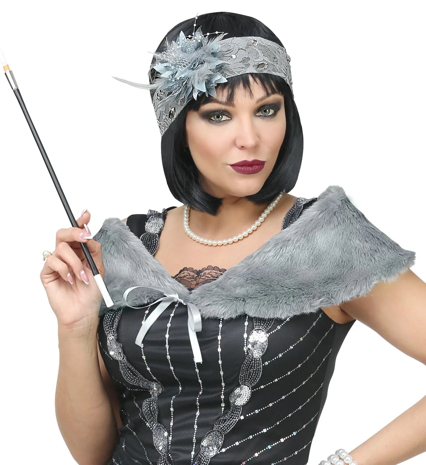 Estola Gris de Piel y Cinta de Encaje con Pedrería y Flor Complementos Charlestón y Gangster Widmann