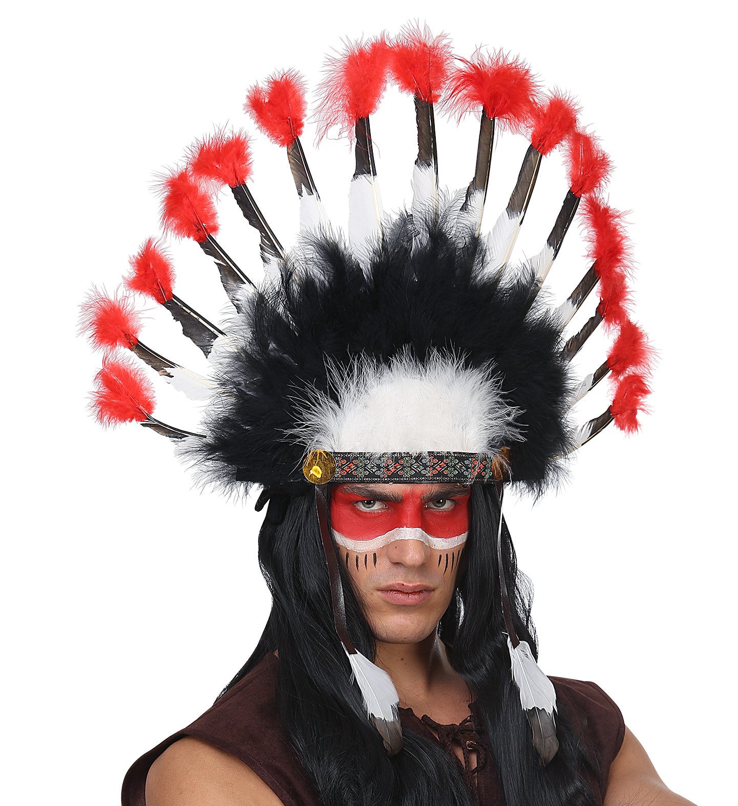 Penacho Indio con Plumas Blancas, Rojas y Negras Complementos Indios Atosa