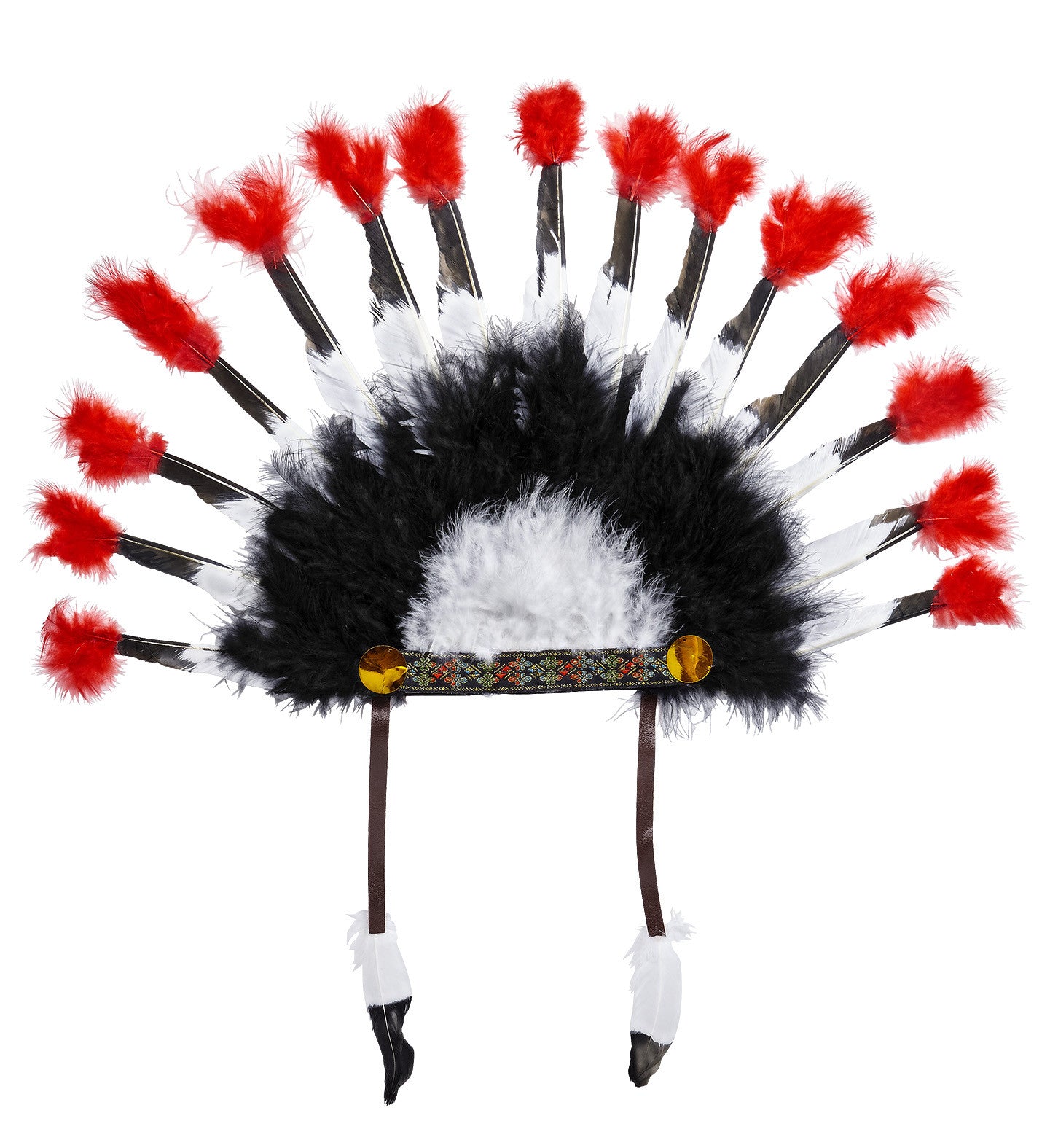 Penacho Indio con Plumas Blancas, Rojas y Negras Complementos Indios Atosa