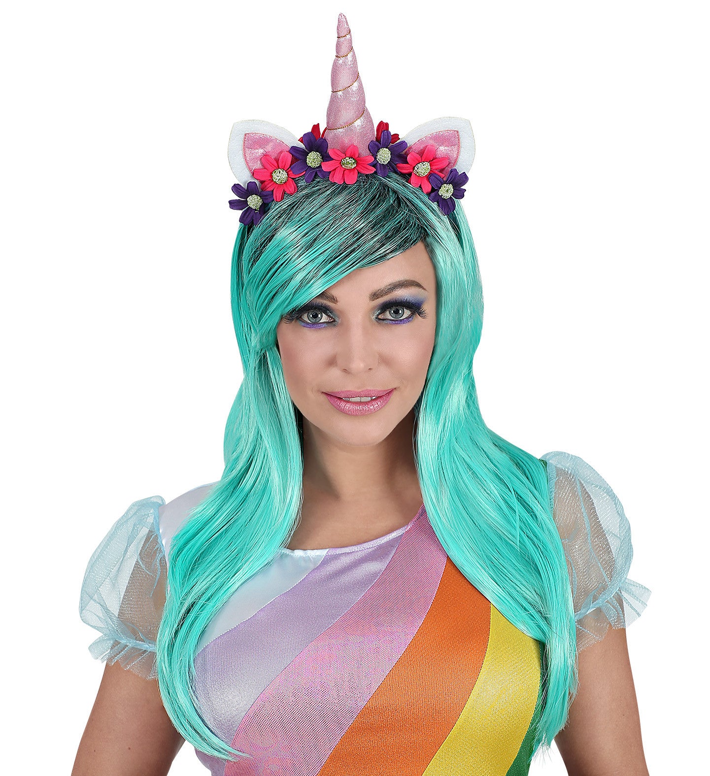 Peluca Azul Verdosa Larga con Diadema de Unicornio Unicornio Widmann