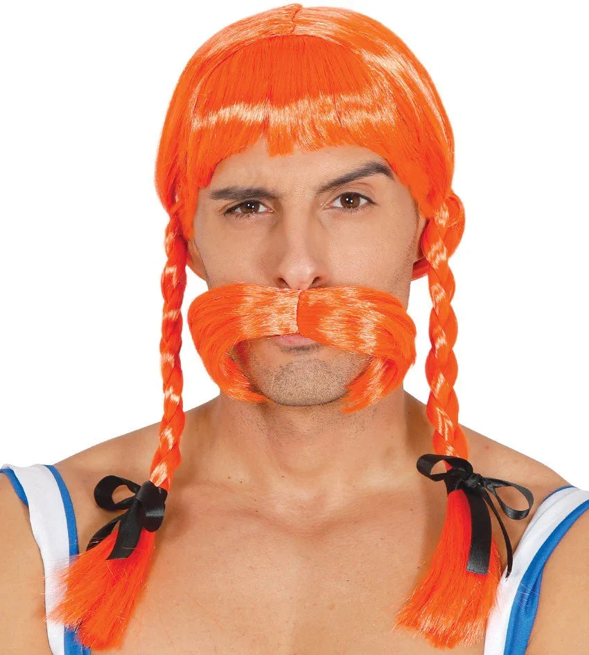 Peluca de Obélix Naranja con Trenzas y Bigote Astérix y Obélix Guirca