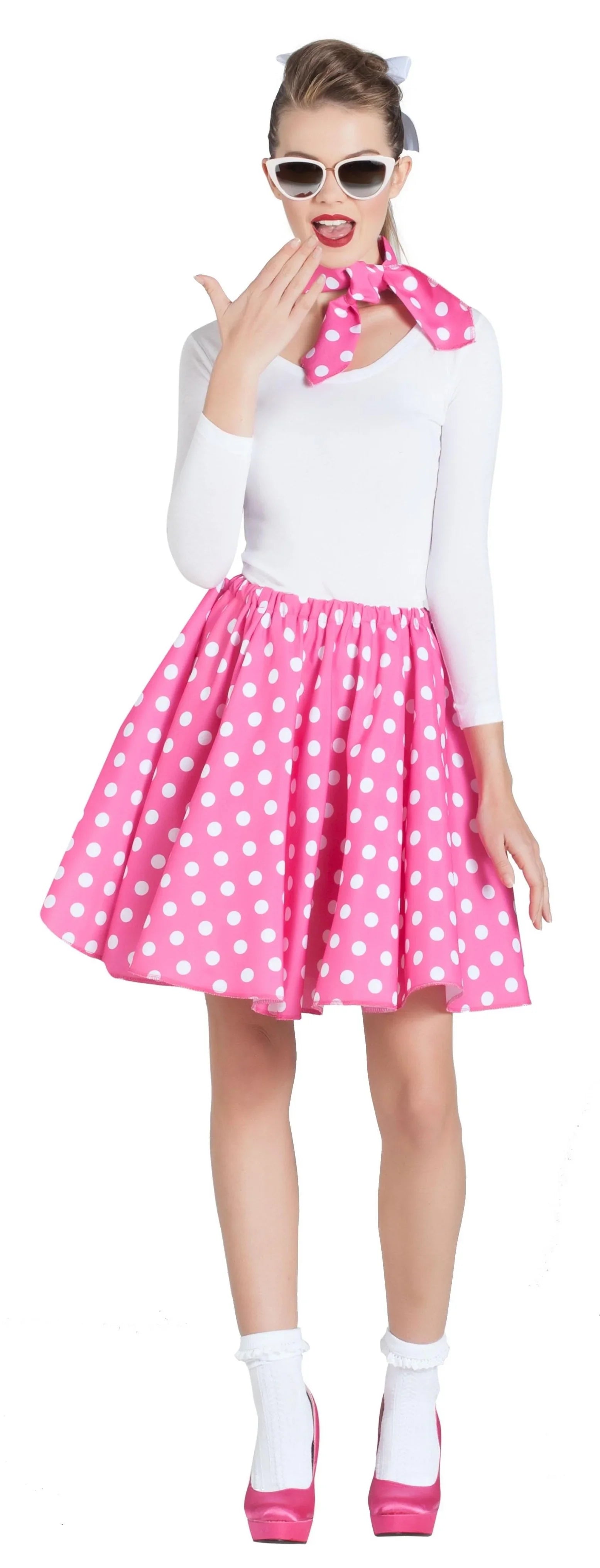 Falda Rosa Años 50 con Lunares y Pañuelo Complementos Grease Años 40 - 50 Kimokawaii
