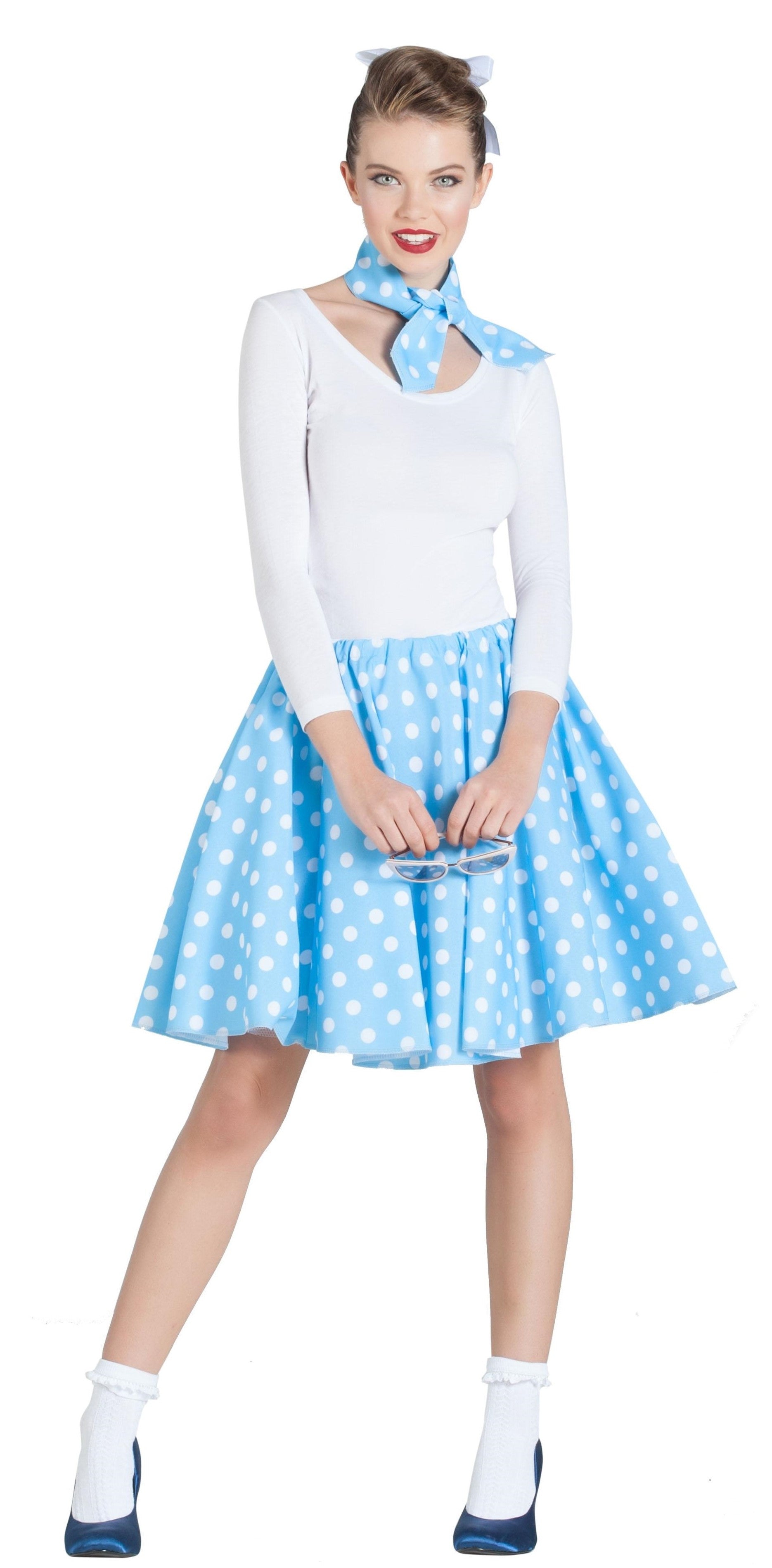 Falda Azul Años 50 con Lunares y Pañuelo Complementos Grease Años 40 - 50 Kimokawaii