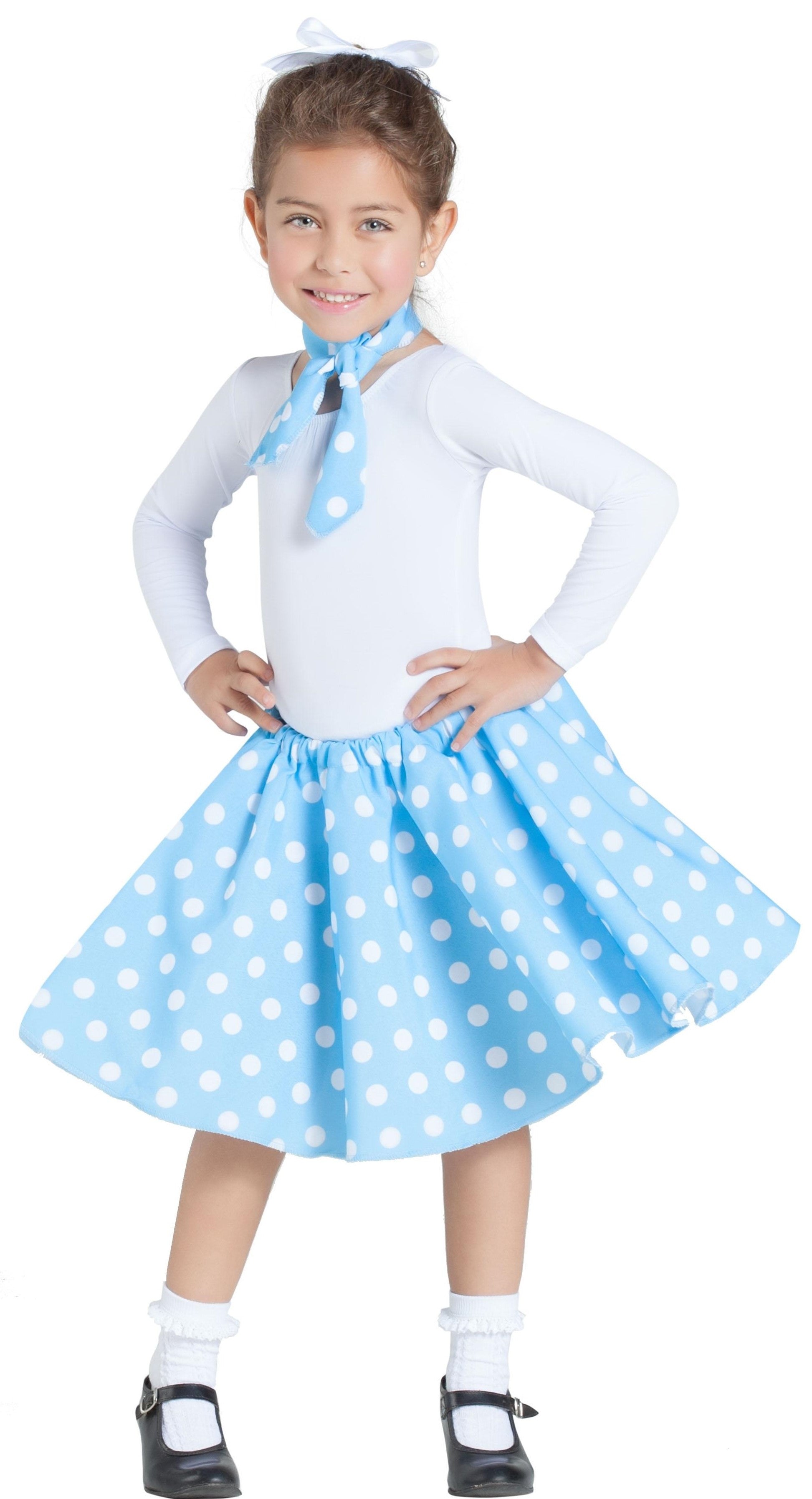 Falda Azul Años 50 con Lunares y Pañuelo Infantil Complementos Grease Años 40 - 50 Kimokawaii