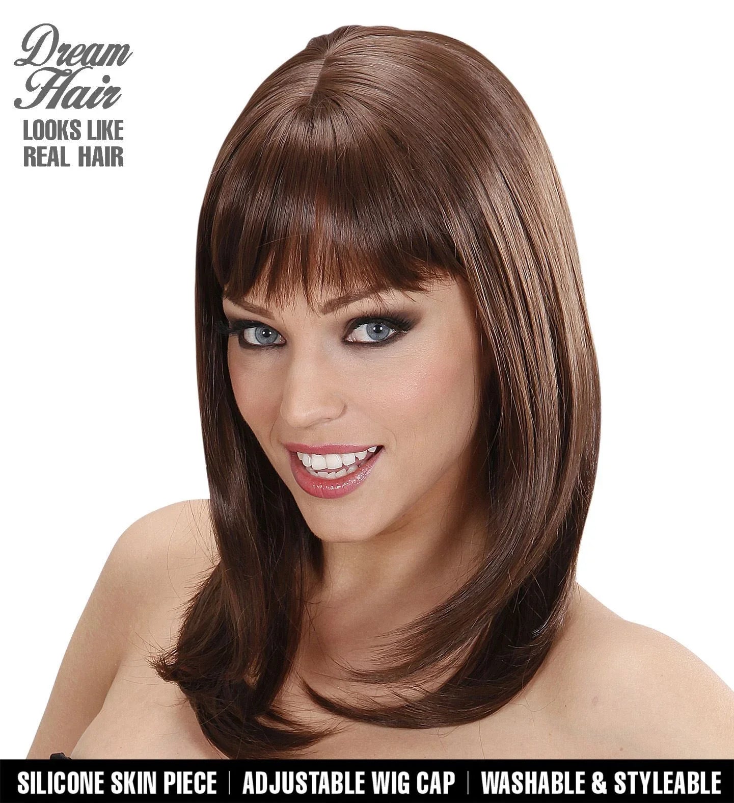 Peluca Lisa Castaña con Flequillo Lujo COMPLEMENTOS Widmann