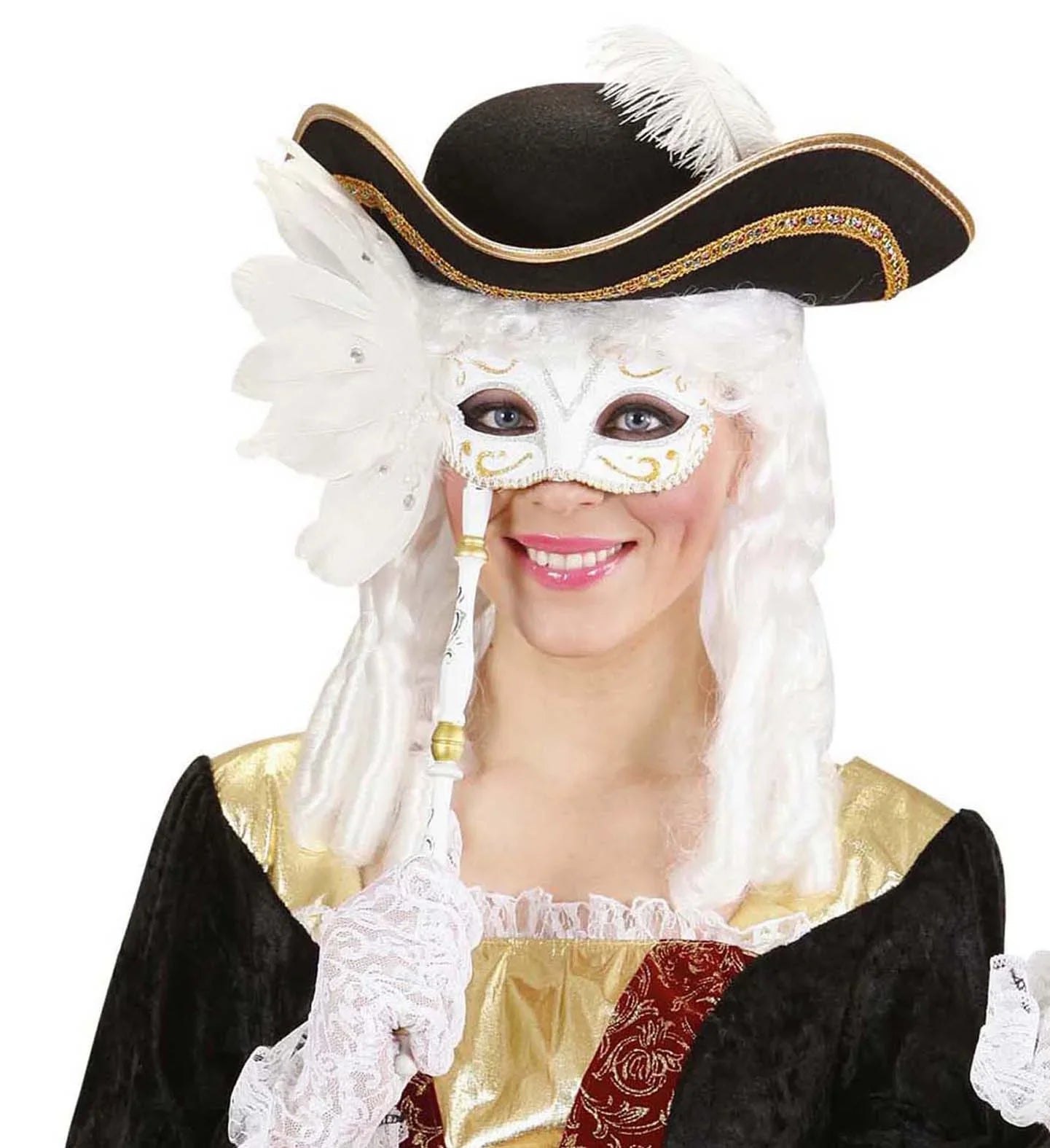 Antifaz decorado en blanco con mango Antifaces Widmann