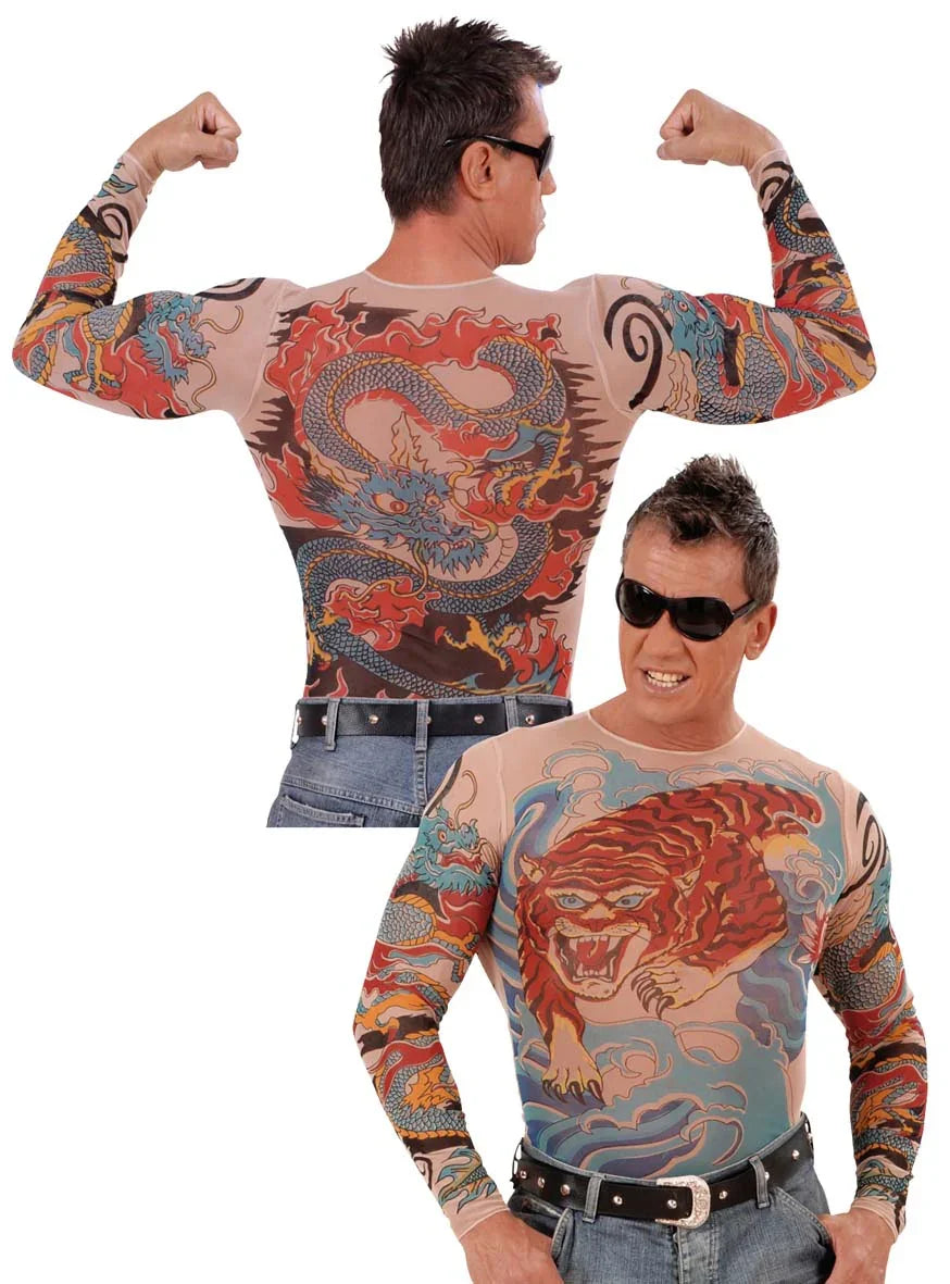 Malla Camiseta de Tatuajes de Tigre y Dragón para Hombre Chaquetas, Chalecos y Camisas Widmann