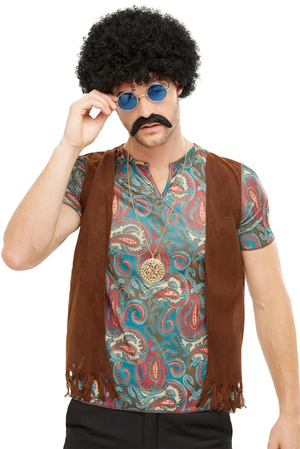 Kit de Hippie con Peluca, Bigote, Gafas y Colgante Complementos Hippies Smiffys