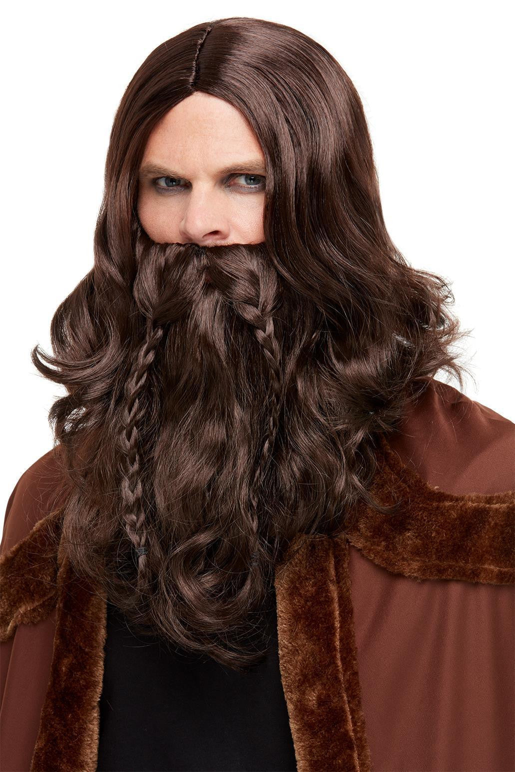 Peluca de Vikingo Castaña y Barba con Trenzas Complementos Vikingos Smiffys