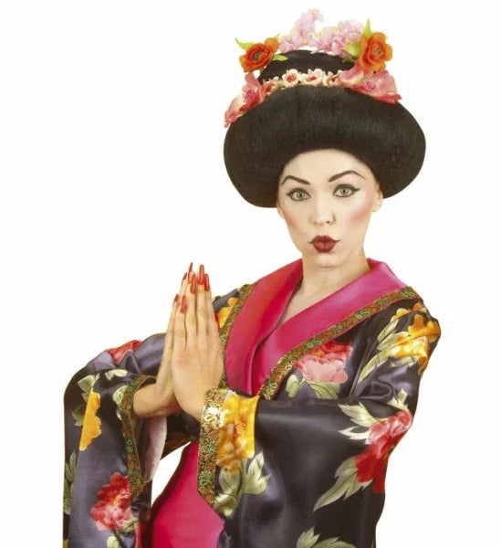 Peluca de Geisha Morena con Flores Lujo COMPLEMENTOS Widmann