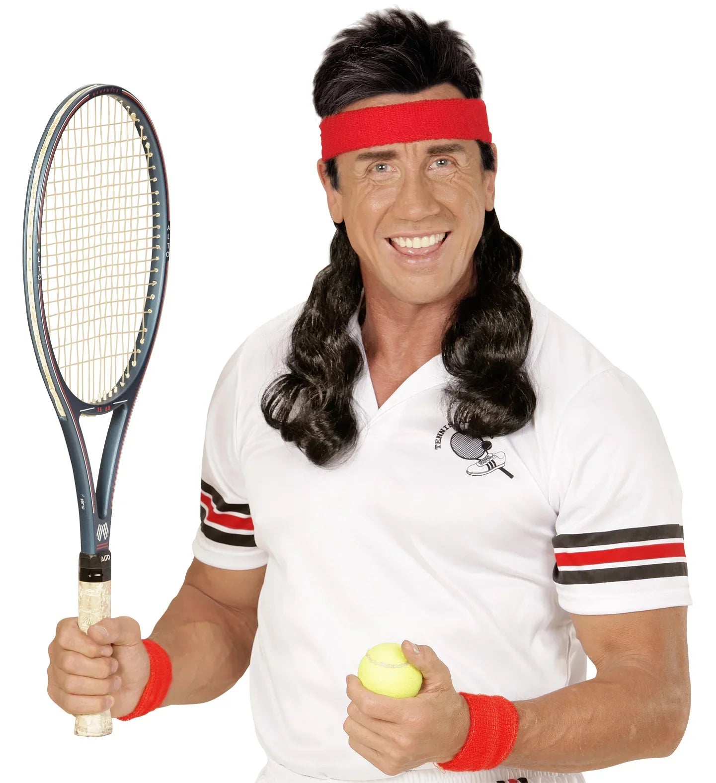 Bandana Roja Años 80 con Extensiones de Pelo Negro Años 80 Widmann