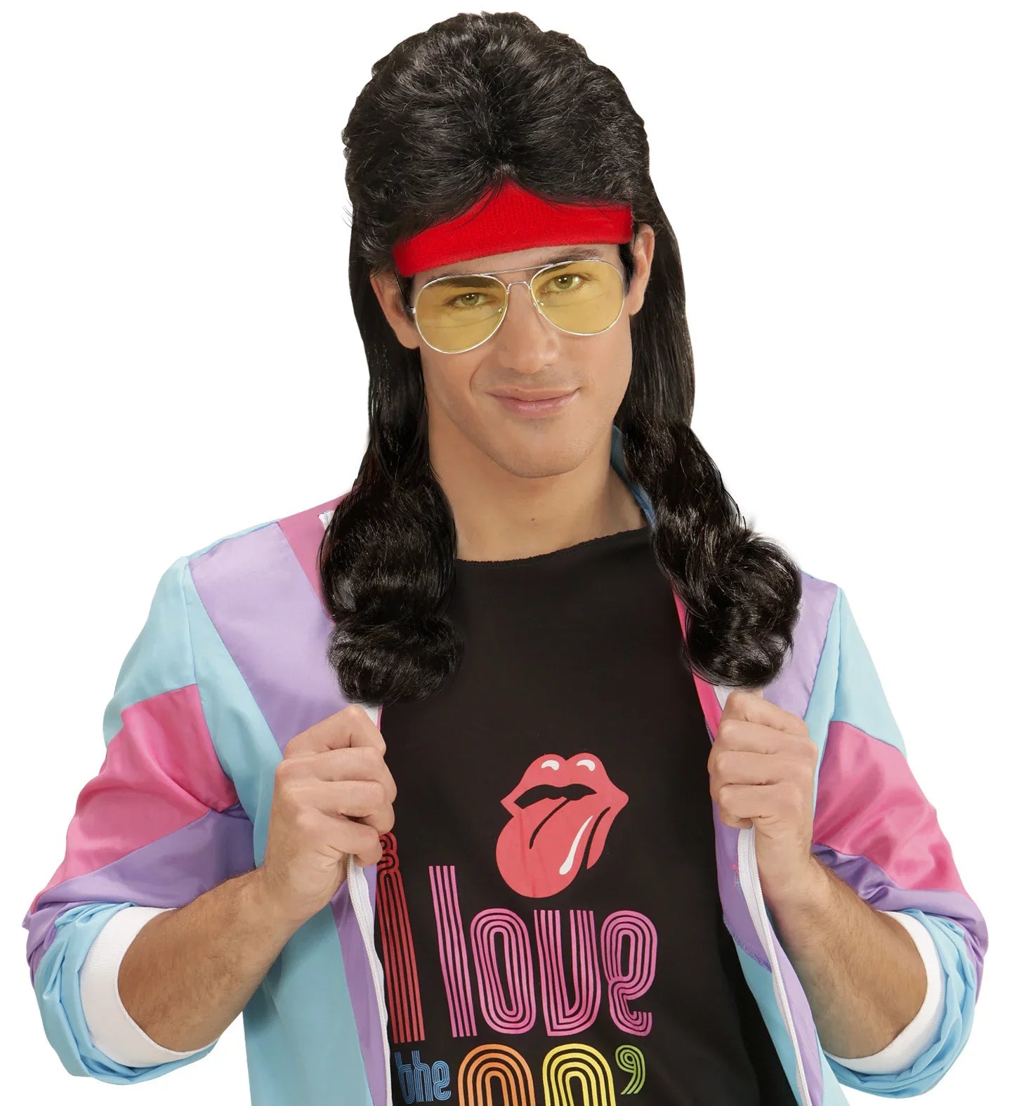 Bandana Roja Años 80 con Extensiones de Pelo Negro Años 80 Widmann