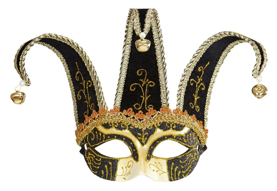 Máscara Veneciana Negra y Dorada con Cascabeles Complementos Venecianos y de Época Widmann