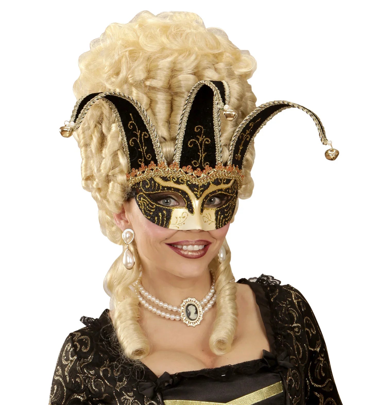Máscara Veneciana Negra y Dorada con Cascabeles Complementos Venecianos y de Época Widmann