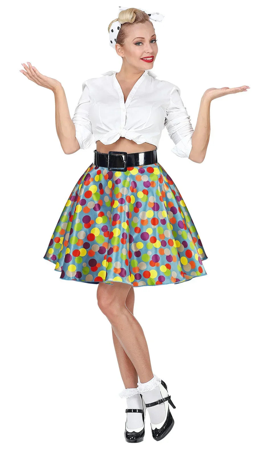 Falda Azul Años 50 con Lunares Multicolor Complementos Grease Años 40 - 50 Widmann