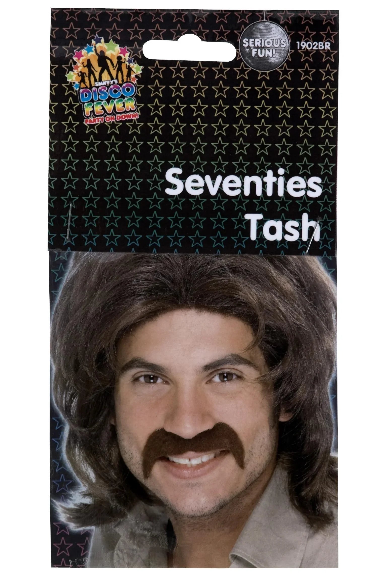 Bigote Castaño de Hippie Años 70 con Adhesivo Complementos Hippies Smiffys