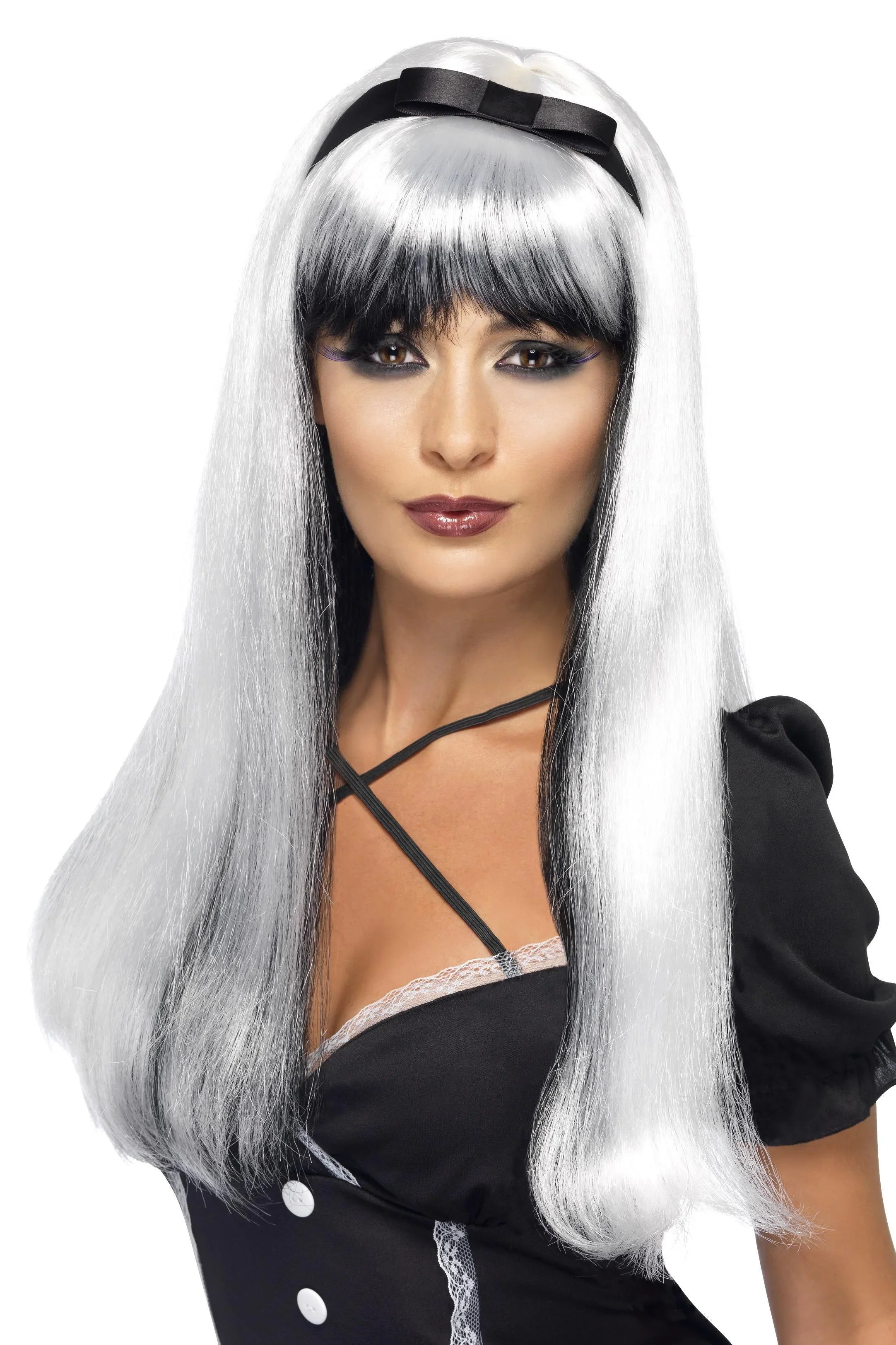 Peluca Bicolor Blanca y Negra Larga con Lazo Pelucas Blancas Smiffys