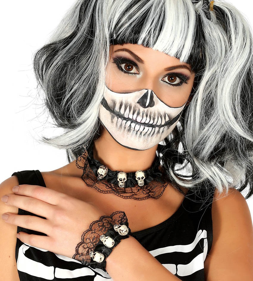 Collar y Pulsera Negros con Calaveras Accesorios Halloween Guirca