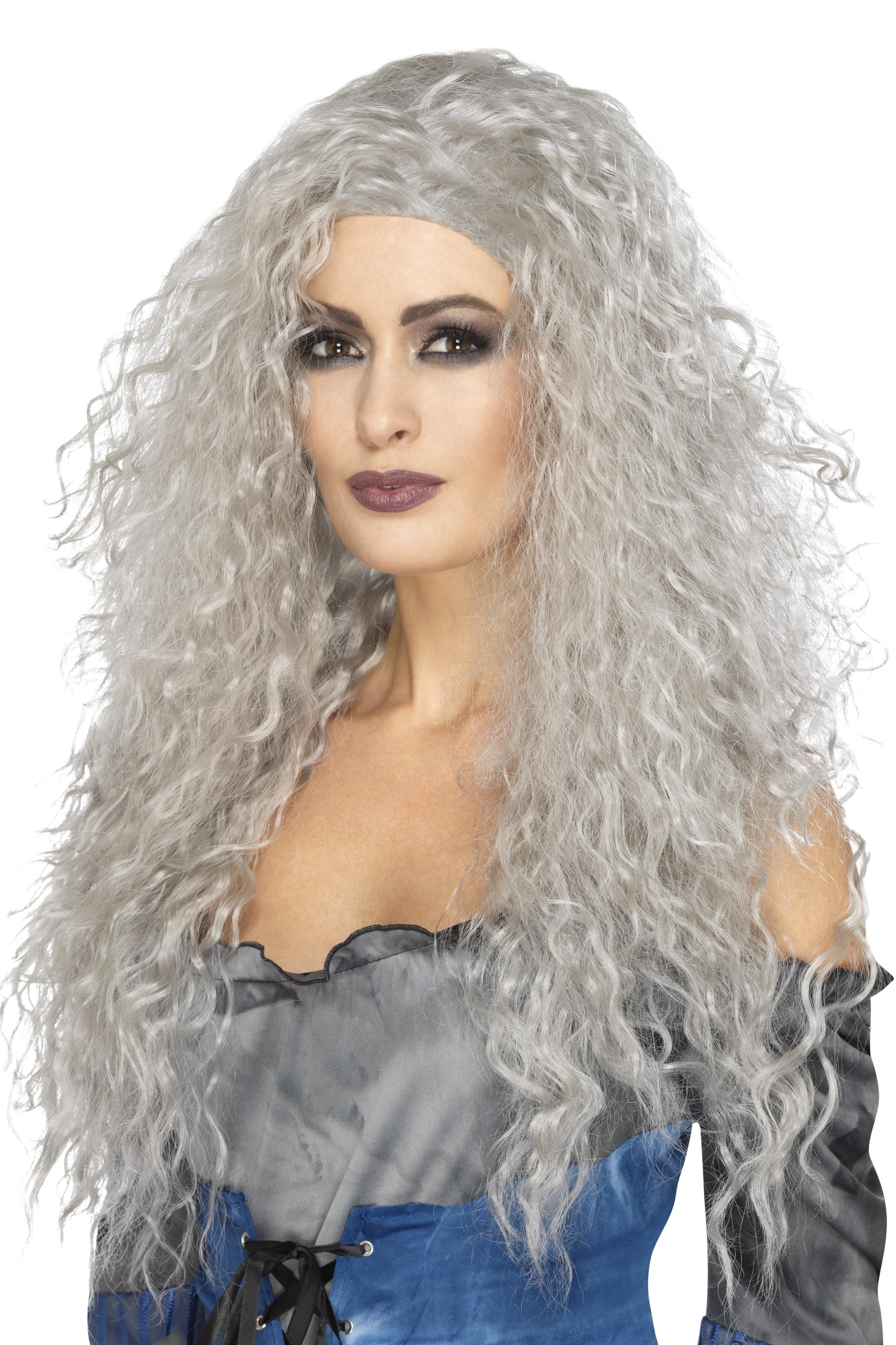 Peluca de Bruja Gris con Melena Larga Rizada Pelucas Canosas Smiffys