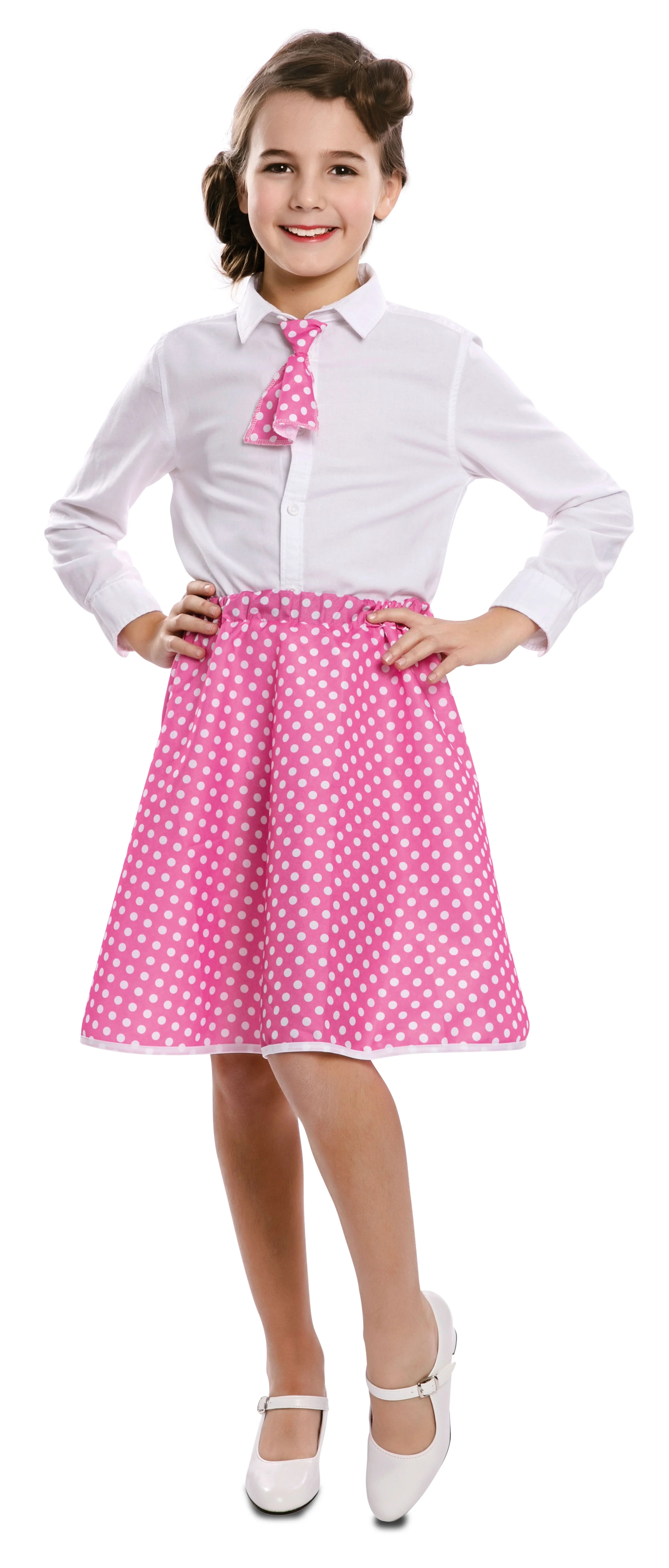 Falda Pin Up Rosa con Lunares y Pañuelo para Niña Grease - Años 40 y 50 EuroCarnavales