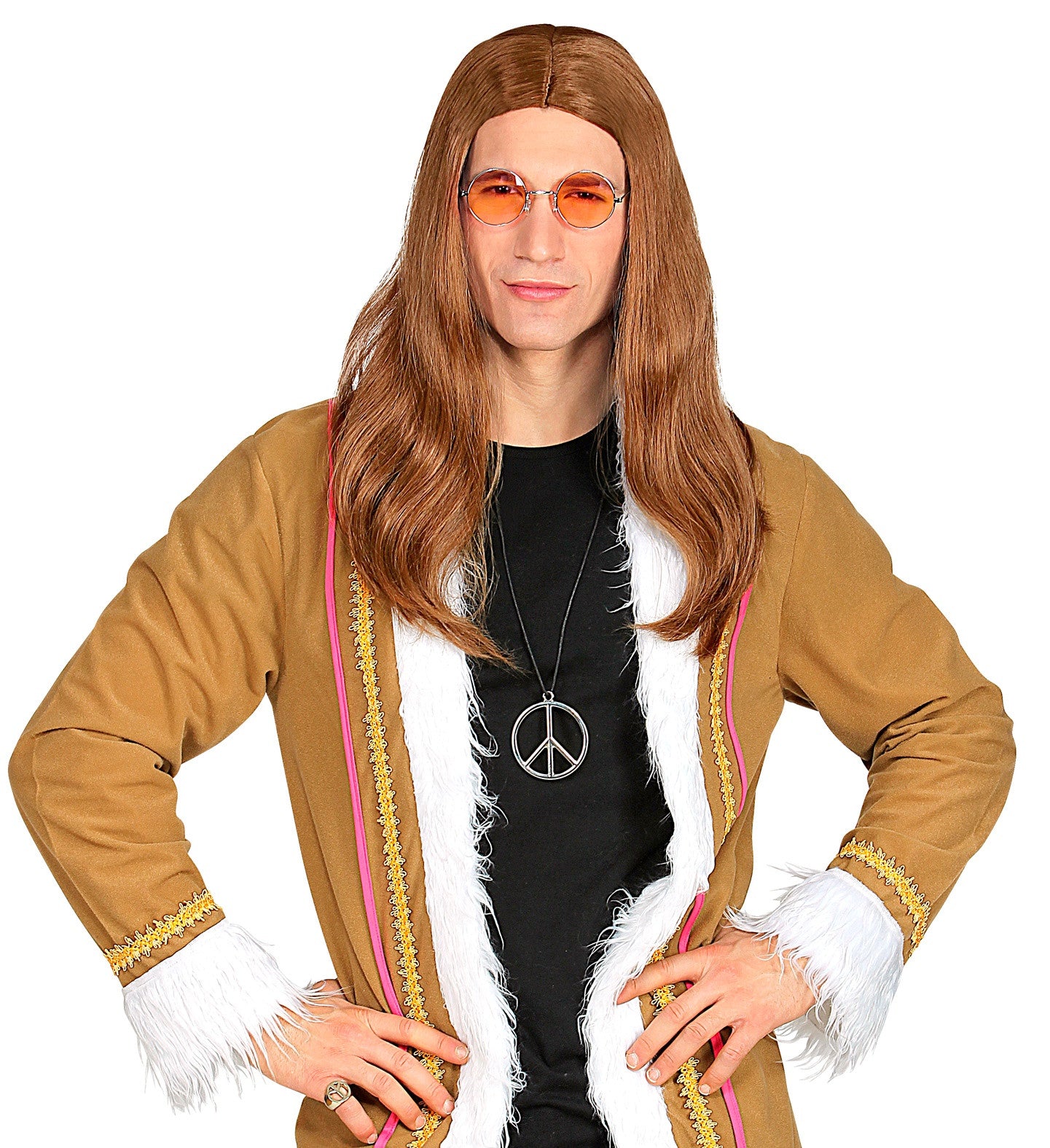 Peluca Hippie Castaña de Hombre con Pelo Largo Complementos Hippies Widmann