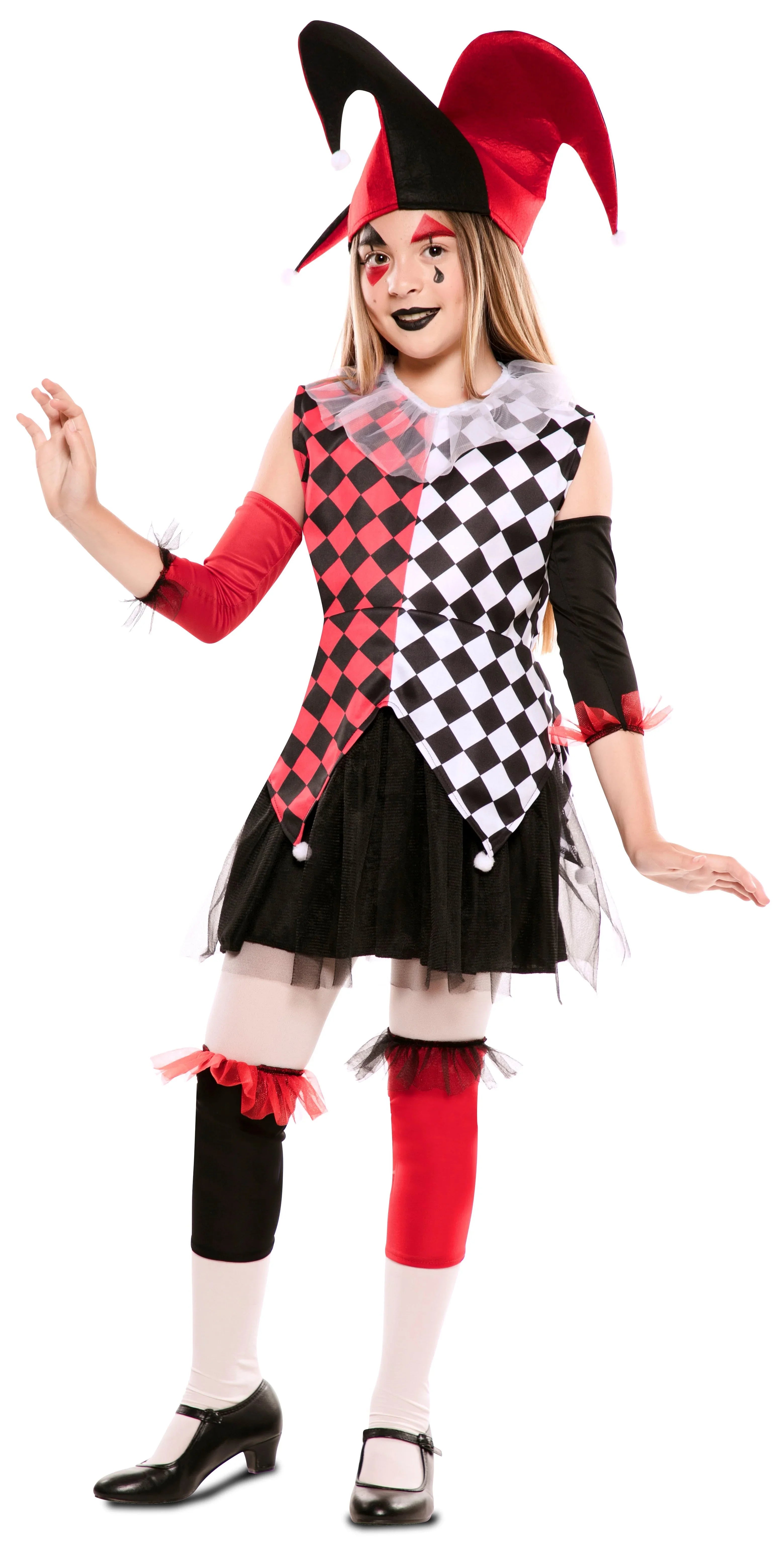 Disfraz de Arlequín Rojo y Negro para Niña Arlequines y Bufones EuroCarnavales